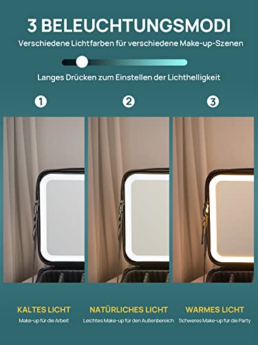 OMIRO Kosmetiktasche mit Großem Beleuchtetem Spiegel, Professionelle Make up Tasche mit Spiegel und Licht, Kulturbeutel-Organizer mit Kosmetikspiegel für Unterwegs (Schwarz, Geringe)