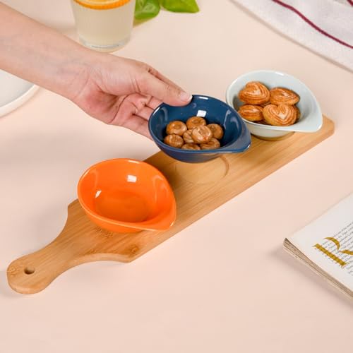 Image of Nestasia Ceramic Snack Bowls with Bamboo Tray 100ml | Vibrant Orange, Blue, and Navy Bowls, Food-Safe, Microwave & Dishwasher Safe | Ideal for Dips, Snacks, Treats, Dry Fruits