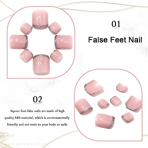 Handcess French False Toe Nails Pink Glossy Press on Toe Nail Ballerina Fake Toe Nails Full Cover Acrylic Toe Nail Art Tips for Women and Girls 24Pcs - Image 3