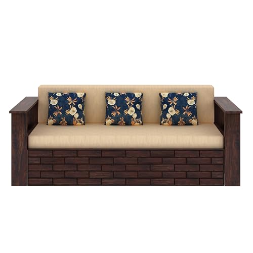 Image of Ganpati Arts Italian Solid Sheesham Wood 3 Seater Sofa Cum Bed with Side Pockets for Storage and Fabric at Back Wooden Sofa Furniture for Living Room Home (Walnut Finish)
