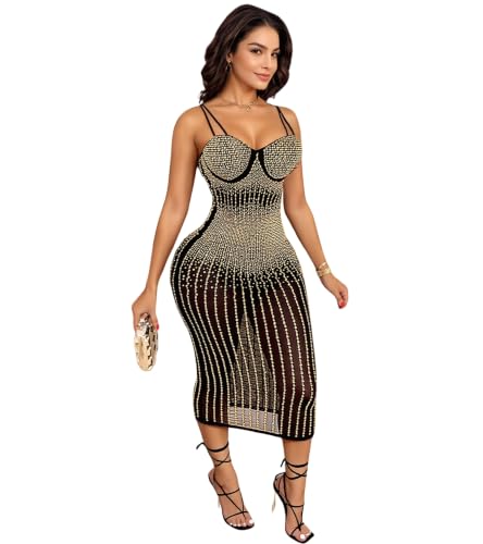 Image of PORRCEY Women's Sexy Rhinestone Lace Sheer Mesh Formal Evening Dress
