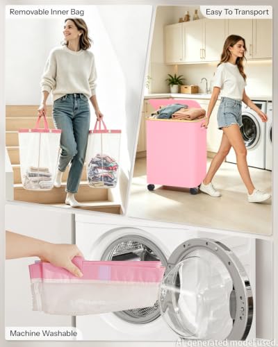 Image of Double Laundry Basket with Wheels and Lid, 150L Clothes Hampers for Laundry | Large Laundry Hamper with 2 Sections & Removable Liner Bags, Rolling Dirty Clothes Basket for Bedroom Bathroom Dorm College