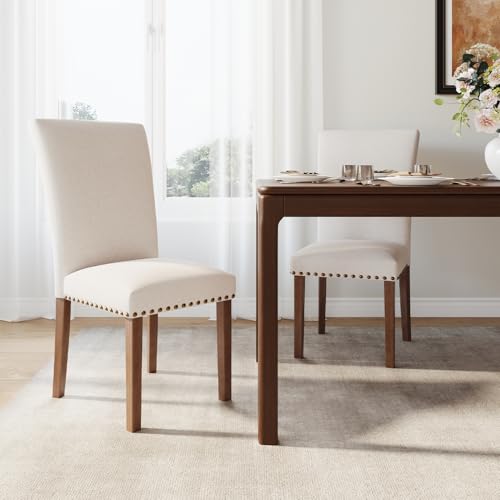 Image of Farmhouse Dining Chairs Set of 2, High Back with Wooden Legs and Nailhead Trim, Modern Fabric Dining Room Chair for Kitchen /Restaurant