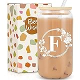 Ini-tial Glass Cup - Gifts for Women - 16 Oz Glass Cups W/Lids Straws, Glass Tumbler Monogrammed Gifts, Iced Coffee Cups - Personalized Customized Cute Gifts Mothers Day, Birthday Gifts for Her Mom, F