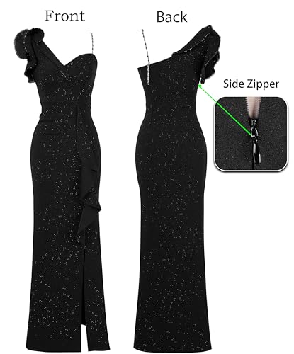 VFSHOW Womens Elegant Ruffle One Shoulder Beaded Strap Wedding Formal Maxi Dress 2023 Ruched Slit Cocktail Evening Sparkly Long Gown (Black, X-Large) 3119 BLK XL - Thumbnail 5