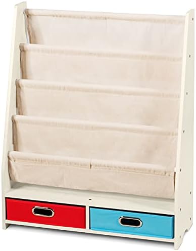 COSTWAY Childrens Bookshelf, Book Storage Unit with 4 Sling Shelves, 2 Toy Boxes and 3 Bags, Easy Access Books Display Rack for Kids Room Playroom
