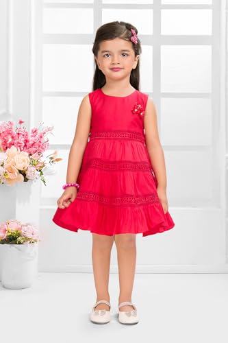 Image of Soft Cotton Lace Work Knee Length Fit & Flare Dress for Kids & Girls, Flower Embellished Frock for Casual & Special Occasion