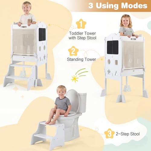 Image of Costzon Folding Toddler Step Stool with Chalkboards, 4-in-1 Standing Kitchen Tower w / 2-Step Stool, Safety Nets & Anti-Tip Feet, Wooden Toddler Tower Foldable for Boys & Girls Aged 2+ (White)