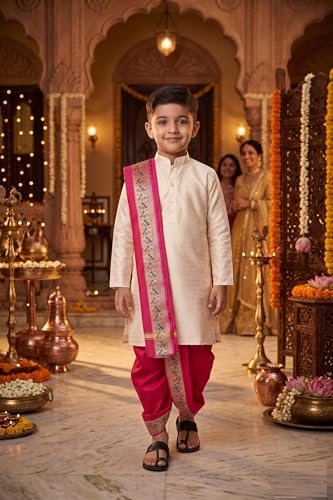 Image of Boys Dhoti Kurta Set Sherwani Style for Kids | Ethnic Traditional Kids Wear with Patiala Dhoti & Dupatta | Wedding Dress for Boys | Indian Cultural Outfit for Puja Festival Party