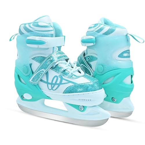 Adjustable Ice Skates for Kids Girls Ice Skating Shoes for Beginner Ages 4-12 Shiny Green Teal Iceskates for Boys Outdoor and Rank
