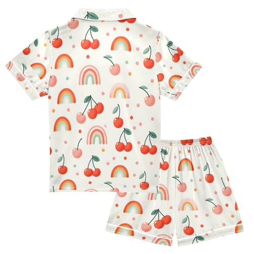 ALAZA Cherry Rainbow Polka Dot Pajamas Satin Pajama Set Short Sleeve Button Down Sleepwear2