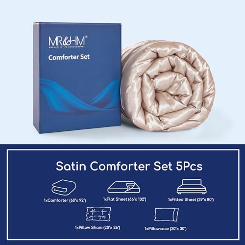 MR&HM Satin Comforter Twin XL 5 Pieces - Luxurious Pinch Pleat Bedding Set with Comforter, Flat Sheet, Fitted Sheet, Pillowcase & Sham, Super Silky Soft Bed Set for All Season (Twin XL, Champagne)