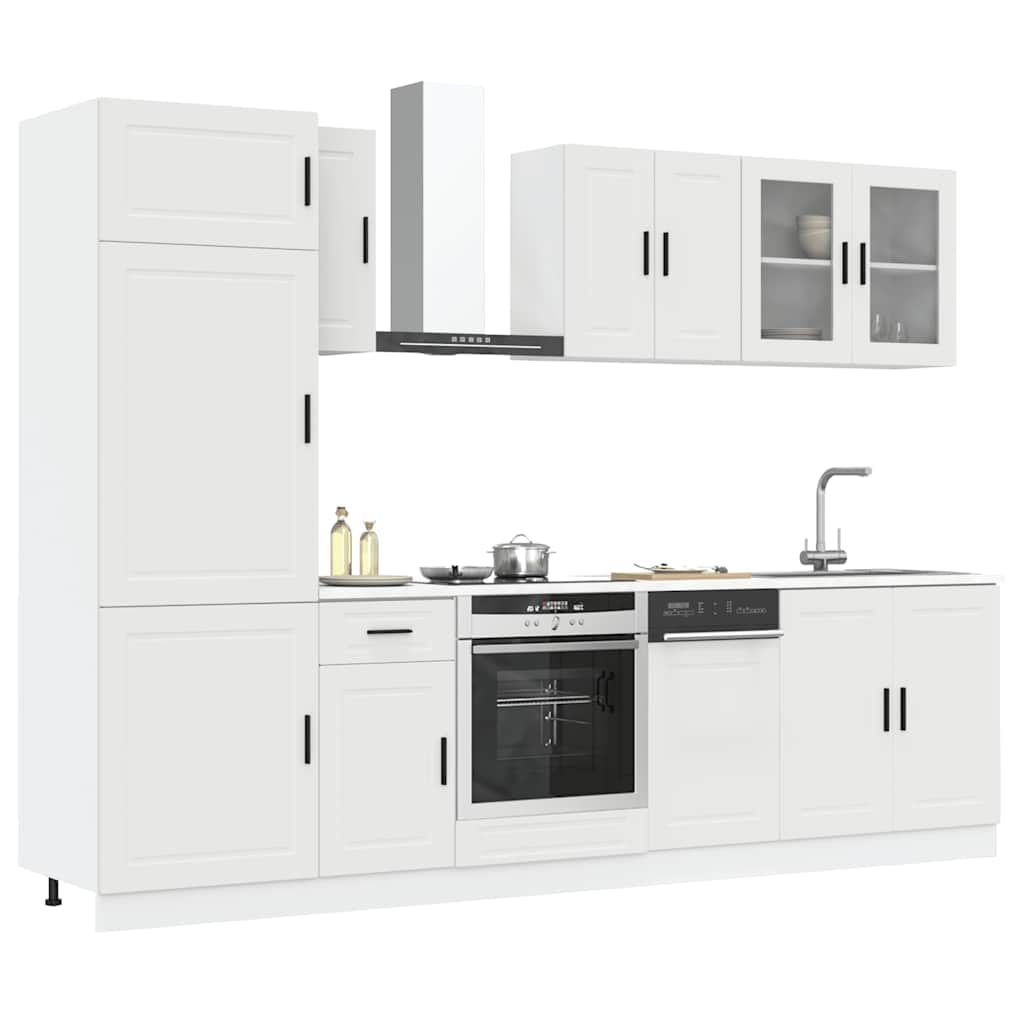 Set Mobili da Cucina 8 Pezzi Modulari Porto Bianco in Truciolato | Soluzione componibile salvaspazio per la cucina moderna, dotata di piedini regolabili e ante in vetro eleganti.