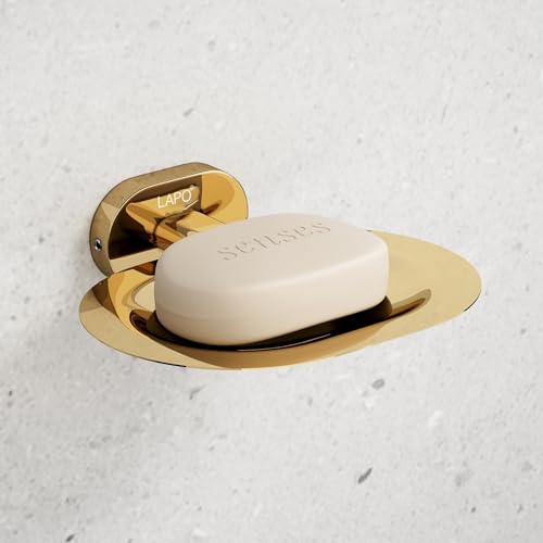 LAPO Kik Single Soap Holder Stand - Rust-Resistant, Wall-Mounted Soap Dish with Drain Tray, 304 Stainless Steel, PVD Gold Finish, for Bathroom, Kitchen & Wash Basin - Pack of 1