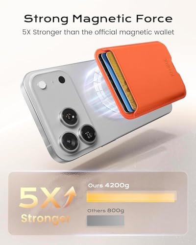 Image of KPNEOL Magnetic Mag-safe Wallet Cell Phone Card Holder for Phone Case with Mag-Safe, Stronger Magnetic RFID Leather Stick on Phone Wallet Compatible with iPhone 17 /16 /15 /14 /13 /12 Series, Orange Color