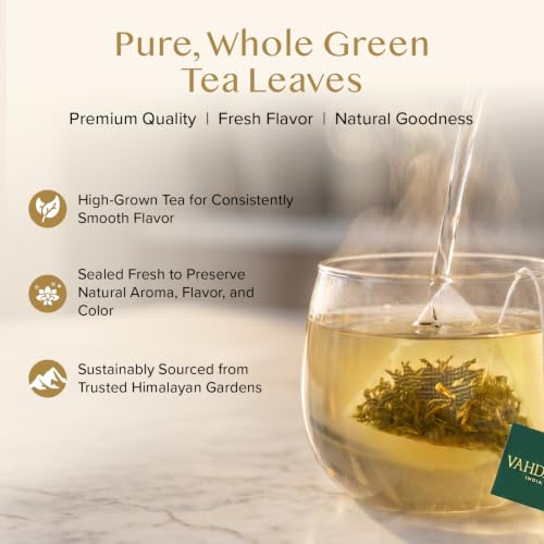 Image of VAHDAM, Organic Himalayan Green Tea (100 Count) High Grown, Non GMO, Gluten Free, Low Caffeine | Earthy & Smooth | Resealable & Plant-Based Pyramid Tea Bags (Pack of 3)