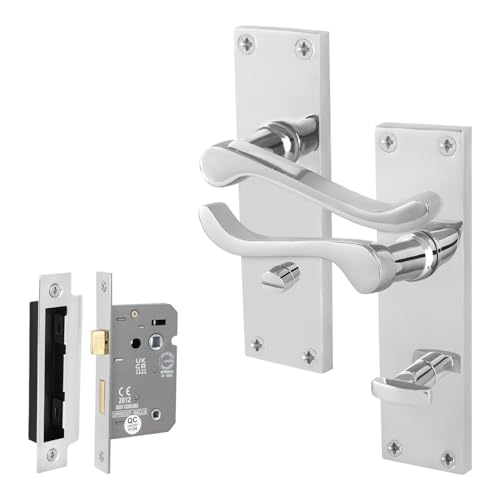 EAI Chrome Victorian Scroll Bathroom Handle Set, 1 Pair Polished Chrome Internal Lever Door Handles on Backplate and Lock 64mm