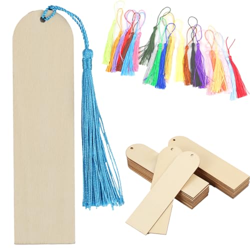 24Pcs Marcapáginas Madera, 24Pcs Borlas Flecos Coloress,