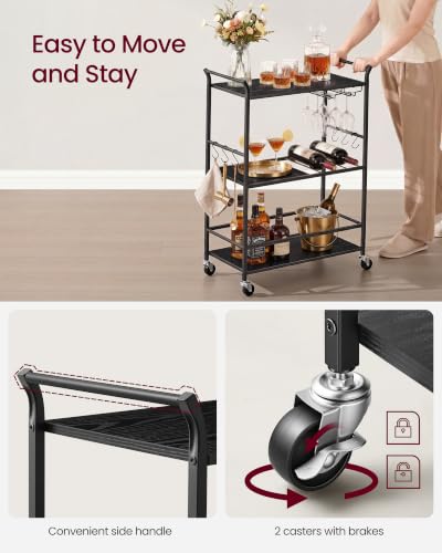 Image of VASAGLE Bar Cart with Wheels, Drink Cart with Wine Rack and Glass Holder