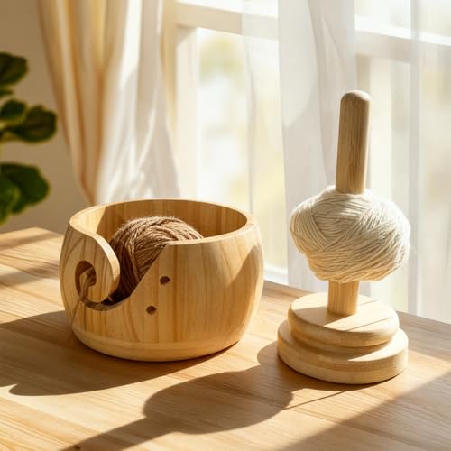 Image of Yarn Bowl with Wooden for Storage | Handmade wood yarn bowl with lid /holder, 2-in-1 tangle-free knit /crochet organizer, smooth no-snag, ideal crafter gift.