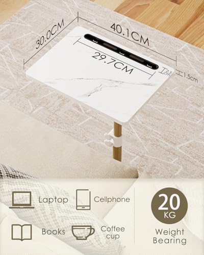 HEYZOEY Beistelltisch, C-Form Höhenverstellbar Sofatisch, 360°Rotierend Couchtisch Klein,40x30x(45-81) cm,Holz Kaffeetisch Laptoptisch für Schlafzimmer, Wohnzimmer, Büro(Weiß Gold) – Bild 3