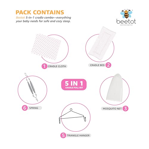 Image of Baby Swing Cradle (Jhula) for Newborns - Cloth Cradle with Removable Mattress, Mosquito Net, Spring & Triangle Hanger | Up to 15 kg | (Pink Dot)
