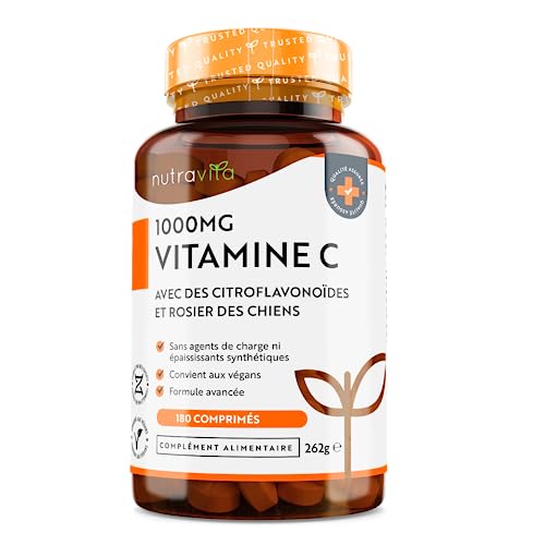 Vitamine C 1000 mg 180 Comprimés Vegan (6 mois) Dosage Élevé & Hautement Biodisponible - Acide L Ascorbique avec Cynorhodons & Bioflavonoïdes, Aide à Réduire Fatigue et Épuisement - Nutravita