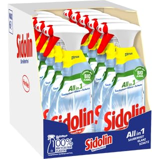 SIDOLIN Streifenfrei All in 1 Zitrus (10 x 500 ml), Glasreiniger verleiht Sauberkeit, Glanz & Schutz, Fensterreiniger mit Bio-Alkohol, Flasche aus 100% recyceltem Plastik