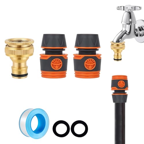 Garden Hose Tap Connector Fitting Set 3/4 inch & 1/2 inch 2-in-1 Outside Tap Connector Brass for Hosepipe 2 Pcs Hose End Quick Connector Outdoor Tap Faucet Adapter Attachments for Garden Hosepipe