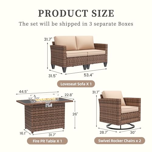 Image of UDPATIO 5 Pieces Patio Furniture Set with Fire Pit Table, Outdoor Conversation Set with Rocking Swivel Chairs, Wicker Furniture Set with Waterproof Cover, 4'' Thickened Cushion, Khaki
