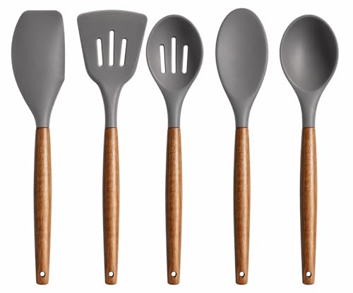 Image of PANCA Non-Stick Silicone Spatula & Spoon Set (5 Pcs) | Heat Resistant Cooking Utensil Set with Wooden Handle | BPA Free Kitchen Tools for Non-Stick Cookware, Mixing, Serving & Cooking (Grey)