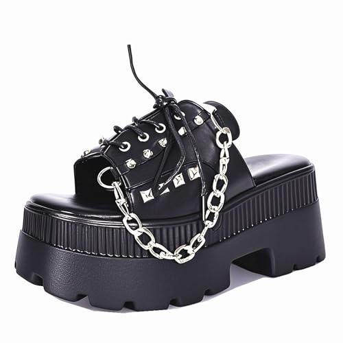 Image of Gothniero women black platform sandals goth chunky wedge heel summer sandals girls gothic punk platform sandals for women metallic spider buckles slides size 5.5-11