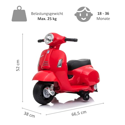 LEMODO Elektrofahrzeug Vespa in rot, Kinder Motorrad ab 18 Monate, Elektromotorrad mit Licht und Sound, Kinderroller mit abnehmbaren Stützrädern, Lizenziertes Kinderfahrzeug – Bild 7