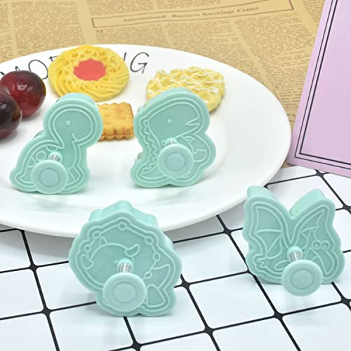 4 Pack Dinosaur Cookies Cutter Mold 3D Biscuit Embossing Mould Fondant Cakes Cutters Animal Crackers Spring Stamp Plunger Cutter DIY Dino Forms for Sugar Pastry Cake Kitchen Tools (Green)