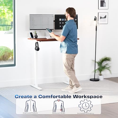 Image of VIVO Electric 43 x 24 in Standing Desk, Memory Height Adjustment, 1B Series, Holds 220 lbs, One-Piece Dark Walnut Top, White Frame, DESK-KIT-1W4D
