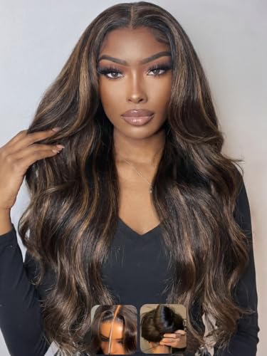Image of KLAIYI Pre everything 13x4 Lace Frontal Yaki Straight Ombre Chestnut Brown Highlight Loose Body Wave Human Hair Wig Drawstring Bang Glueless Ready to Wear and Go Wig Pre Plucked Bleached Knots 22Inch