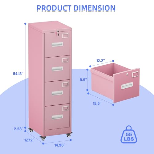 Image of Aobabo 4 Drawer File Cabinet with Lock, Metal Vertical Filing Cabinet with Wheels, Anti-Tilt Interlock System, Locking Office Storage for Letter /Legal Files,Pink,Required Assembly