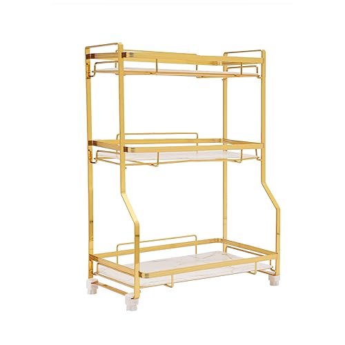GDNTMU 3 Tier Bathroom Countertop Organizer, Gold Bathroom Vanity Counter Organizer with Small Storage Basket for Skincare Makeup Perfume (White, Gold)