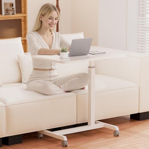 Image of GTPLAYER Small Standing Desk, 24 Inches Foldable Mobile Rolling Laptop PC Table with Lockable Casters, Adjustable Height Overbed Bedside Table Computer Workstation for Home Office, White-Foldable