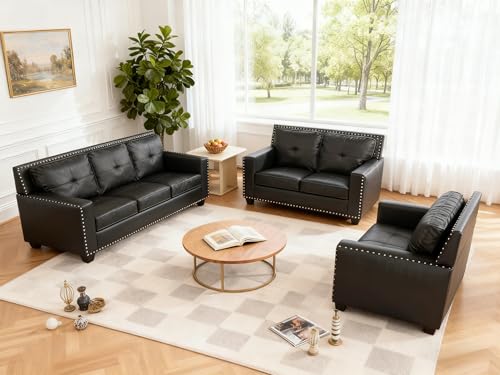 Image of Sofa and Loveseat Set, Faux Leather Living Room Set with Nailhead Trim, 3 Piece Living Room Furniture, Modern 3-Seater Sofa + 2-Seater Loveseat + Accent Chair Sets, for Home Office, Black