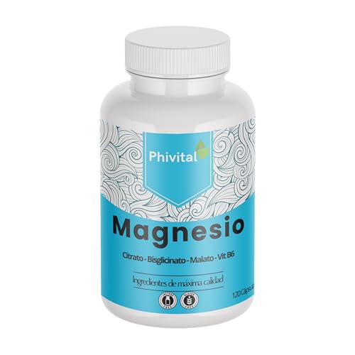 Phivital Magnesio de alta absorción Bisglicinato, citrato y malato + vitamina B6 120 cápsulas Reduce el cansancio y la fatiga Sin gluten, sin lactosa,
