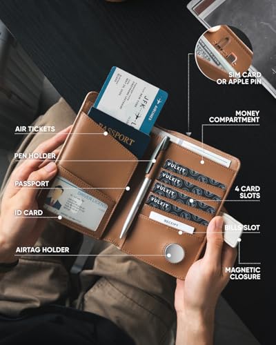Image of VULKIT Passport Wallet Compatible with Airtag Holder RFID Blocking Bifold Travel Card Holder, Beige Brown, 6.9x4.3x0.9 inches, Minimalist