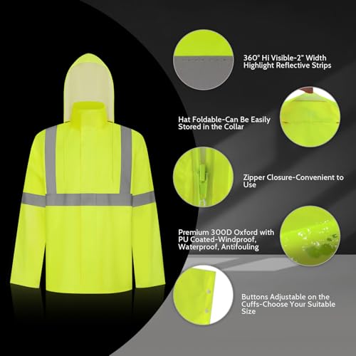 Image of TCCFCCT Rain Suits for Men Waterproof Class 3 Reflective Rain Jacket and Pants, Lightweight Rain Coat for Men with Hood, High Visibility Rain Gear for Safety Work, Durable, 2XL-3XL Yellow WP