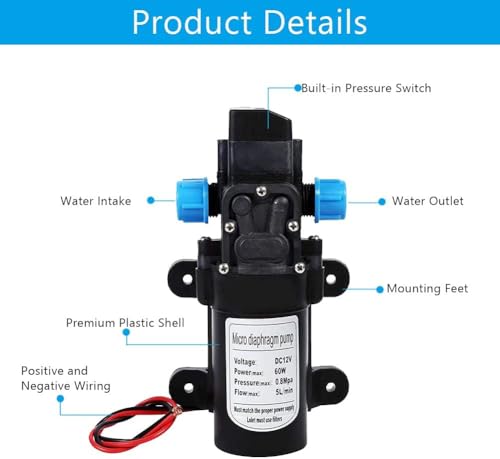 Telituny Selbstansaugende Pumpe - DC 12V 60W Wasserpumpe Hochdruck 116Psi Selbstansaugendes Wohnwagen-Campingboot für Gartensprinkler, Dusche, Wasserhähne im Boot, Wohnmobil