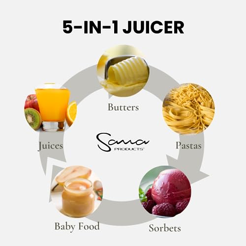 Cold Press SANA 707 Classic Horizontal Single Auger Slow/Low Speed Juicer | Easy Clean, Powerful Motor, Auto Feed, Compact, Celery Attachment, Frozen Desserts, Pasta Extrusion, 15 Year Warranty, Red