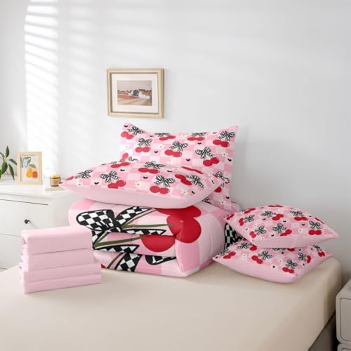 Image of 7 Pcs Bow Cherry Queen Bedding Sets Pink Plaid Cartoon Daisy Hearts Comforter Set Red Cherry Fruit Girly Dreamy All Season Comforter Flat Sheet Fitted Sheet 2 Pillowcases 2 Throw Pillow Covers