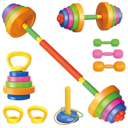 Hitish Kids Exercise Weight Set 5-In-1 Barbell Dumbbell Kettlebell Push Up Workout Equipment and Ring Toss Game Toddler Beginner Gym Toy for Pretend Play Lifting Fitness Adjustable Fill with Sand or Water