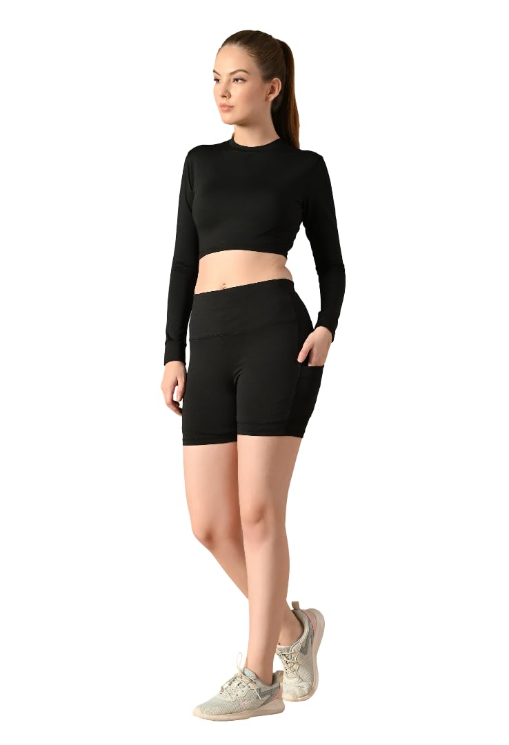 Women's Athletic 2-Piece Workout Set with Phone Pockets, Long Sleeve Crop Top and High Waist Biker Shorts, Black, Stretchy Performance Wear for Fitness, Gym, Yoga-image-10