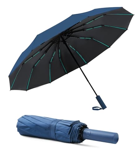 Lantusire Large Umbrella for Rain Automatic Folding Umbrella for Women Men, Travel, Double-Ribs, UPF 50+, Rain and Sun Protection, 46-Inch, 12 Ribs, Navy Blue