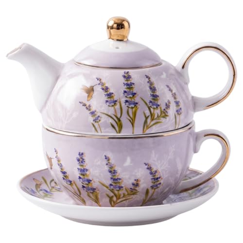 Tea For One Set de cerámica púrpura: juego de tetera individual con platillo de lavanda 1